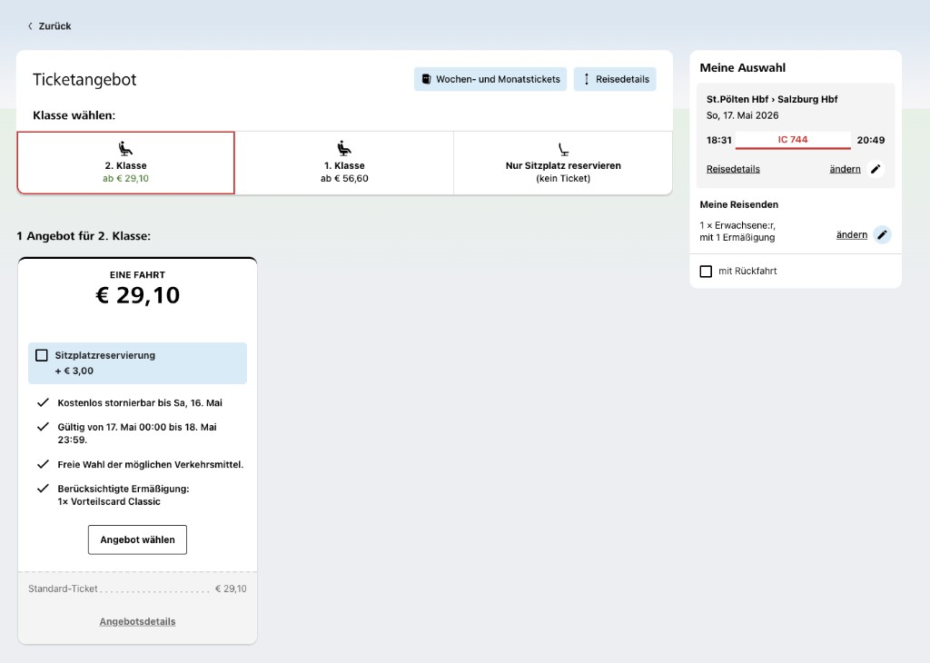 ÖBB ticket planner order page with Vorteilscard Classic discount