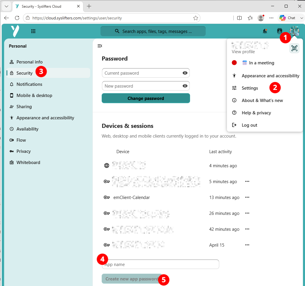 Create app password in Nextcloud for calendar sync