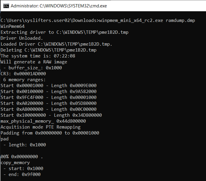 Full RAM acquisition via WinPmem