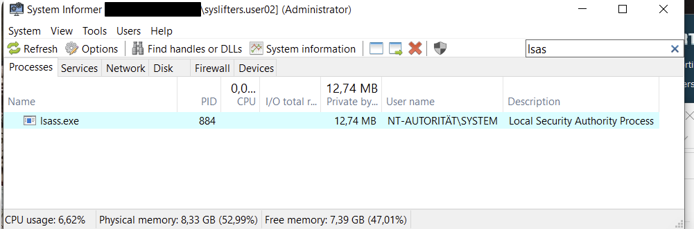 LSASS dump via System Informer