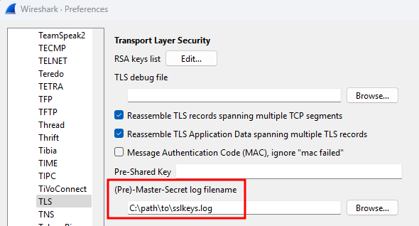Setting the key file in Wireshark