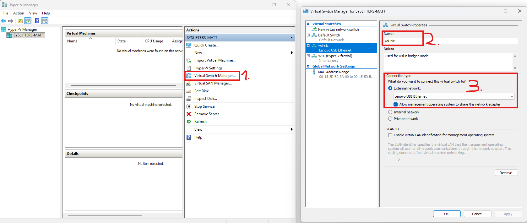 virtual switch named "wsl-nice" created in Hyper-V
