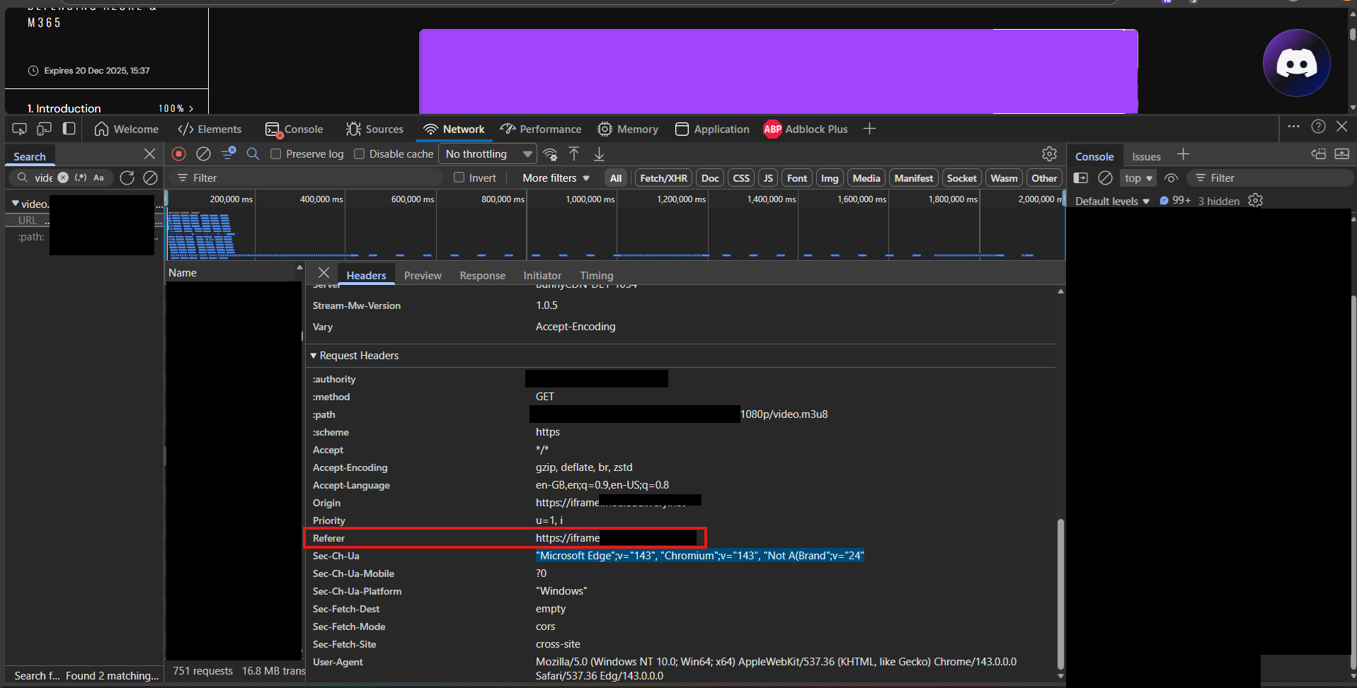 Request for .m3u8 in browser with request headers