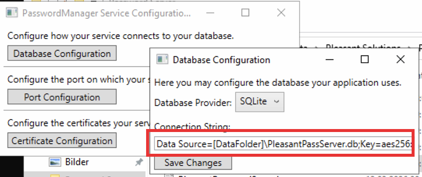 Database Configuration showing the SQLite AES key in the connection string