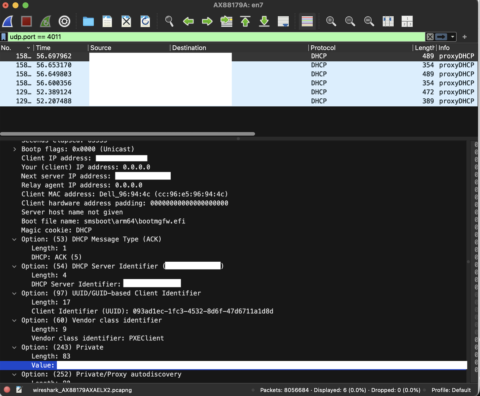 Captured DHCP requests in Wireshark